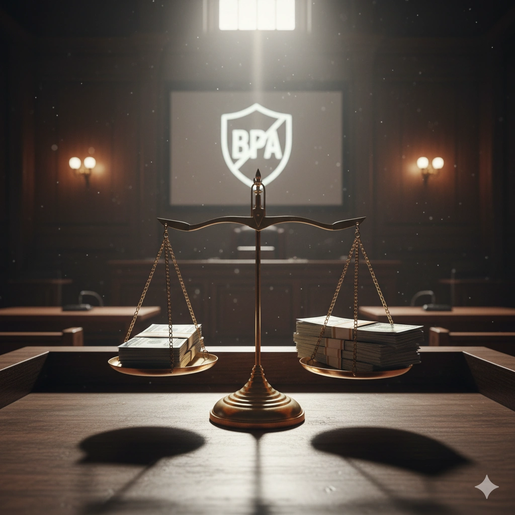 courtroom scales with money stacks symbolizing the banca privada d'Andorra scandal and its trial verdict.