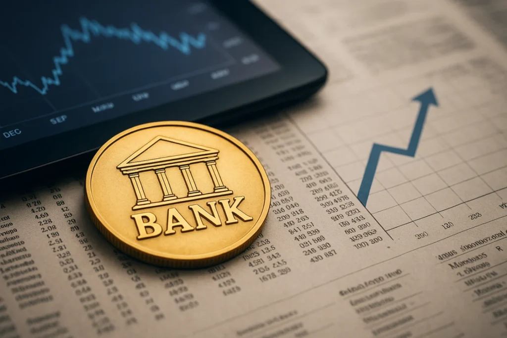 financial chart with bank symbol coin illustrating bpa bank scandal 2015 and its economic impact