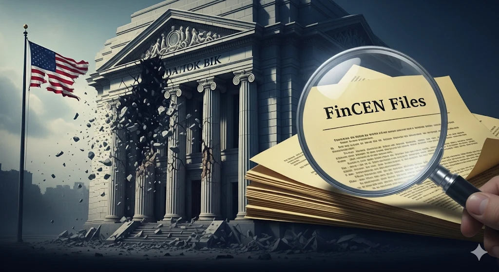 magnifying glass on fincen files with a collapsing bank building, symbolizing bpa case study on financial oversight and regulation.