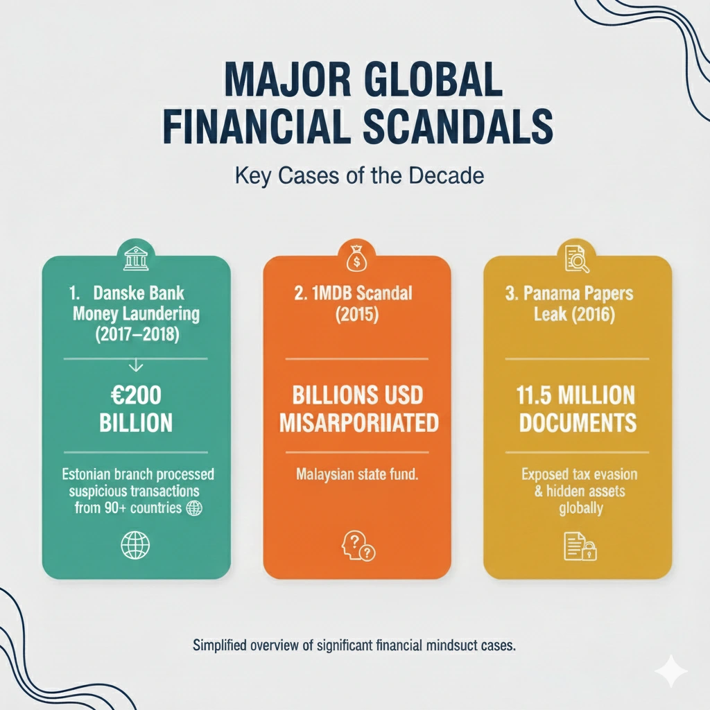infographic detailing global financial scandals, focusing on bpa bank scandal and its consequences.