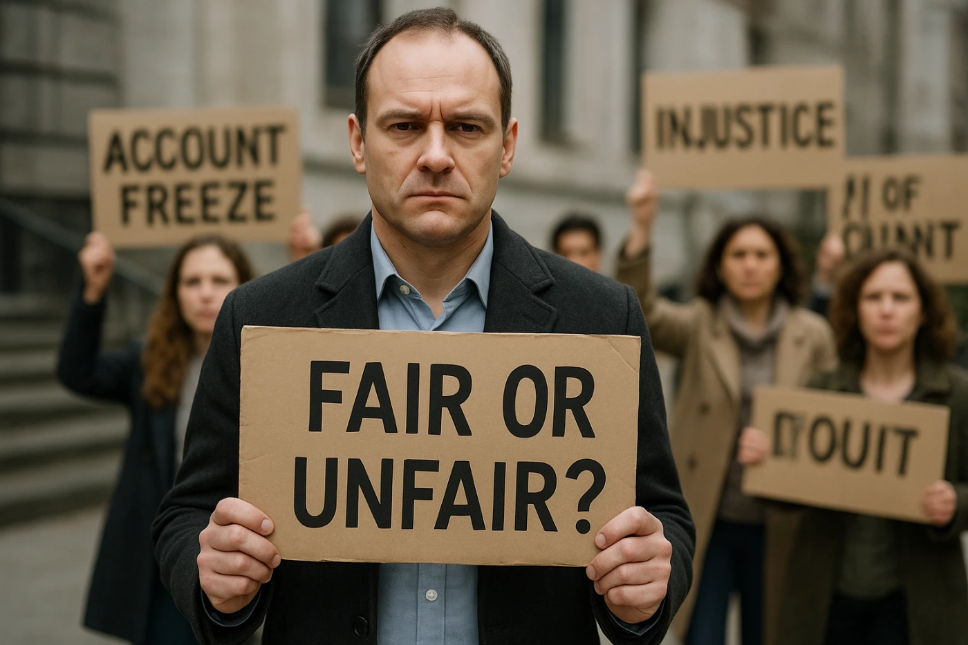 a man holds a "fair or unfair?" sign in front of others protesting with signs like "account freeze" and "injustice