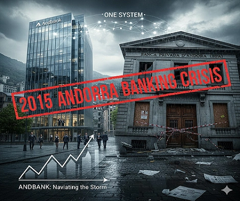 andbank headquarters, modern glass and steel building against a blue sky, symbolizing financial stability