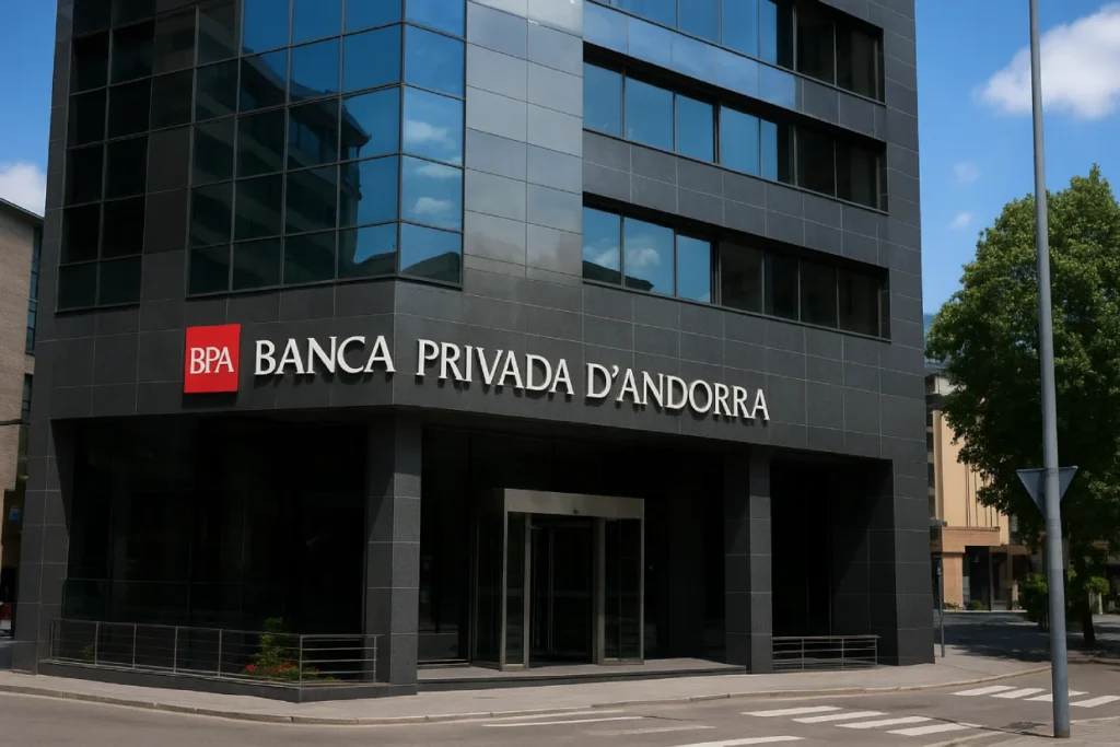 banca privada d'Andorra building, focal point of a money laundering scandal, under a clear sky.
