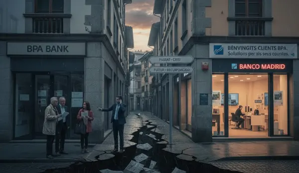 Two bankers point at a cracked street in front of Banco Madrid, with a third banker and woman looking on.