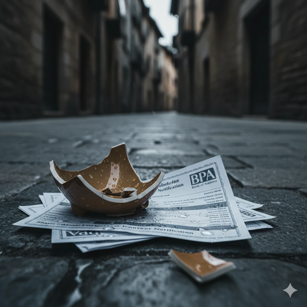 bpa bank collapse: a broken ceramic bowl and scattered documents on a wet, cobbled street, conveying financial ruin