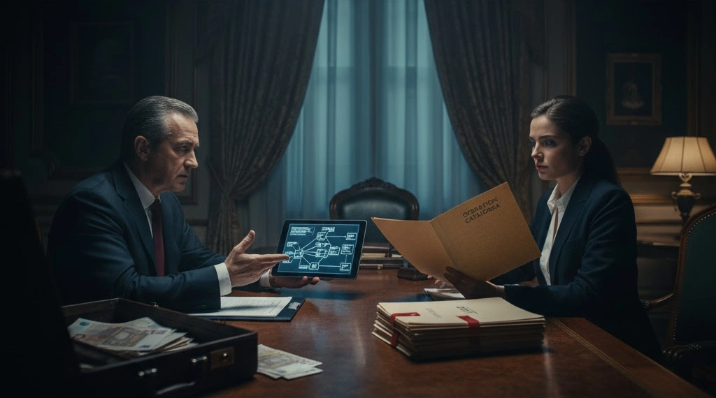 bpa scandal explained: two people discuss a flow chart with paper documents and money on the table in a dimly lit office