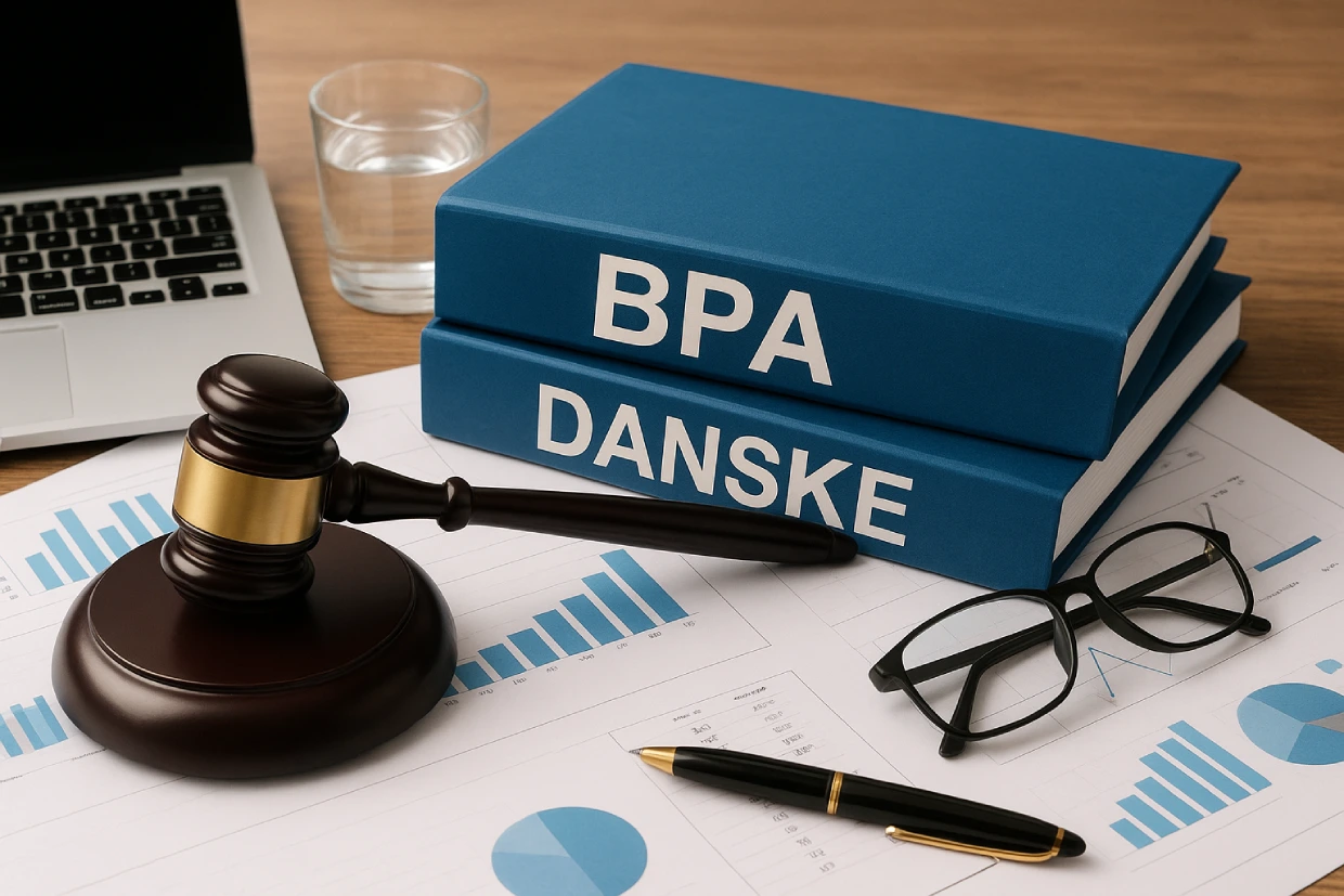 danske scandal, judge's gavel, financial documents, glasses, and a pen on a table.