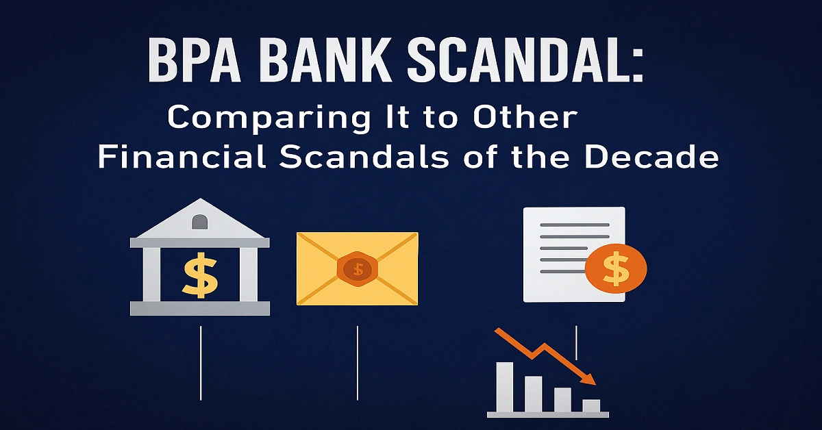 financial crisis conceptual image from bpa bank scandal with a bank, an envelope, and a document, and a falling graph
