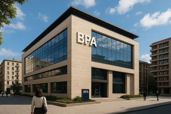 Exterior shot of the modern BPA Bank building with large windows and a clear blue sky.
