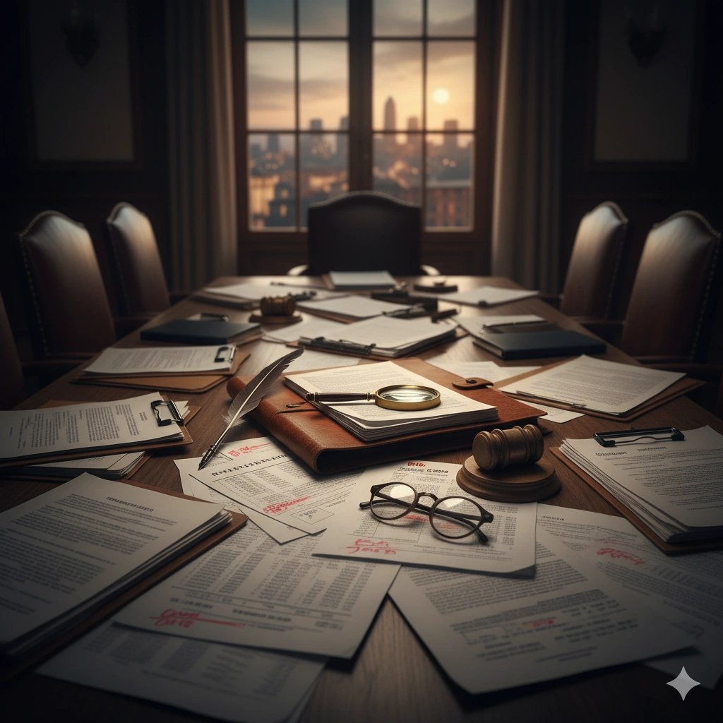 stacks of bpa legal documents and contracts, representing the complex legal challenge of the 2015 scandal.