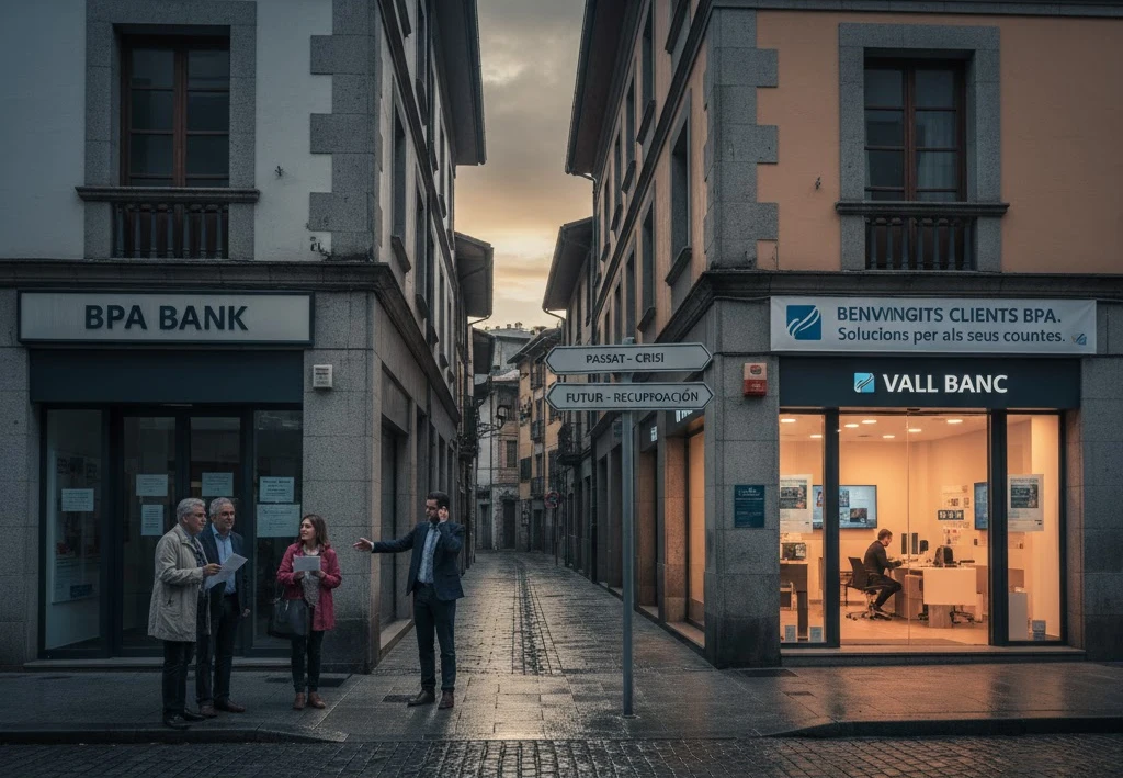 vall banc cartoon: bank building, people on street, signpost "passat - crisi" and "futur - recuperació.