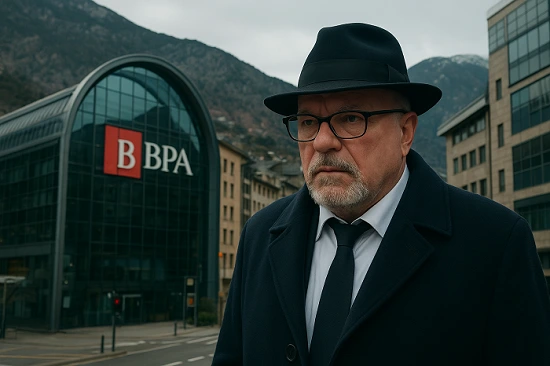 josé manuel villarejo wearing a hat and glasses, with a serious expression, in front of a building with the "BPA" logo