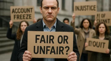 a man holds a "fair or unfair?" sign in front of others protesting with signs like "account freeze" and "injustice