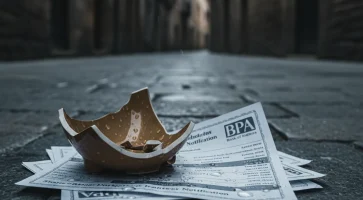 bpa bank collapse: a broken ceramic bowl and scattered documents on a wet, cobbled street, conveying financial ruin